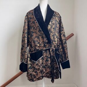 Vintage Japanese Brocade Kimono Smoking Jacket Black Gold Robe House Coat Bamboo